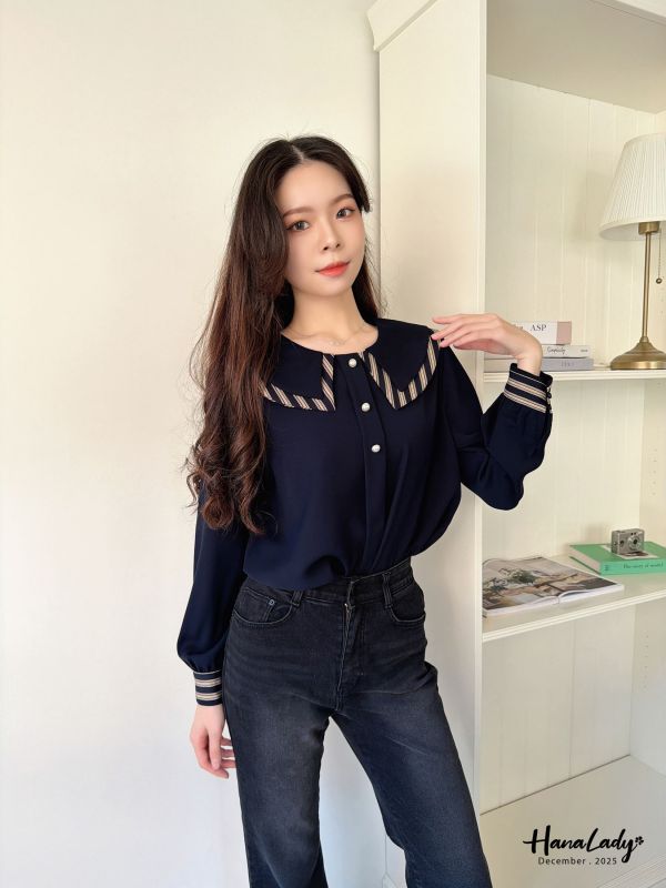 WQA47 線條層次領珍珠雪紡衫 