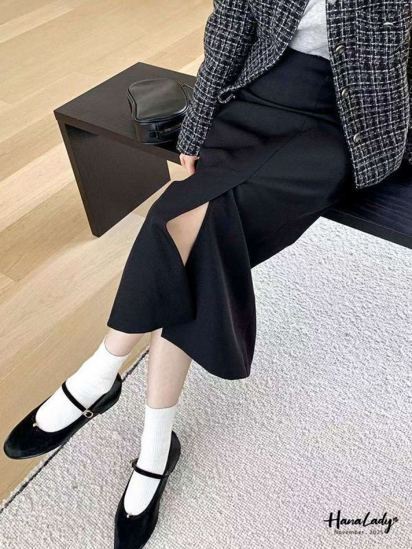 WJA86 氣質雙腰鍊開衩長裙 