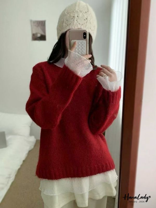 LEA45 拼接點點紗領針織上衣 