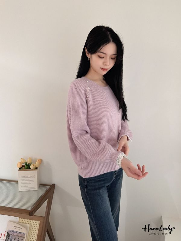 LEA10 銀蔥細閃釘珠蕾絲袖上衣 