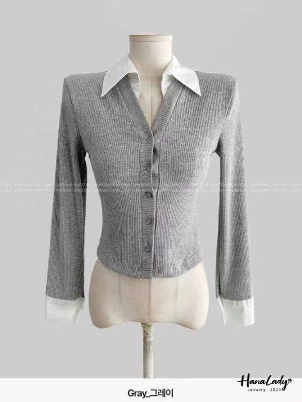 WEA49 襯衫領拼接坑條針織衫 