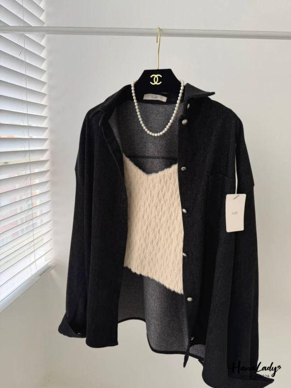 LEA39 高質感克羅心釦絨布襯衫 