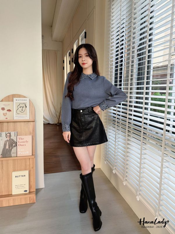 WQA54 豹紋雪紡拼接針織上衣 