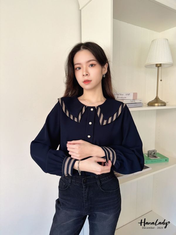 WQA47 線條層次領珍珠雪紡衫 