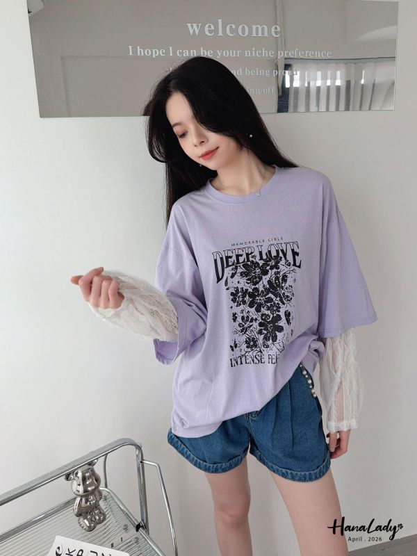 LFA95 假兩件蕾絲袖設計長版T 