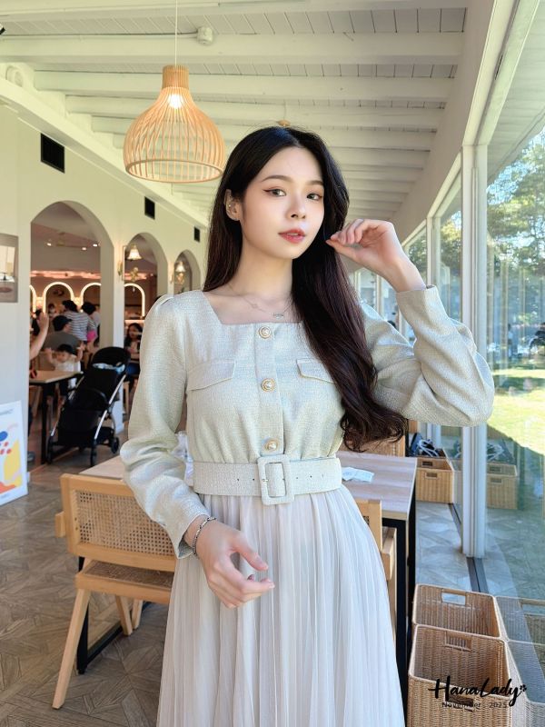 WJA58 精緻珍珠金釦接紗長洋 