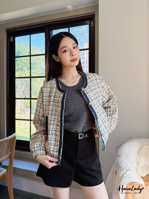 WJB41 十字格紋輕巧毛呢外 