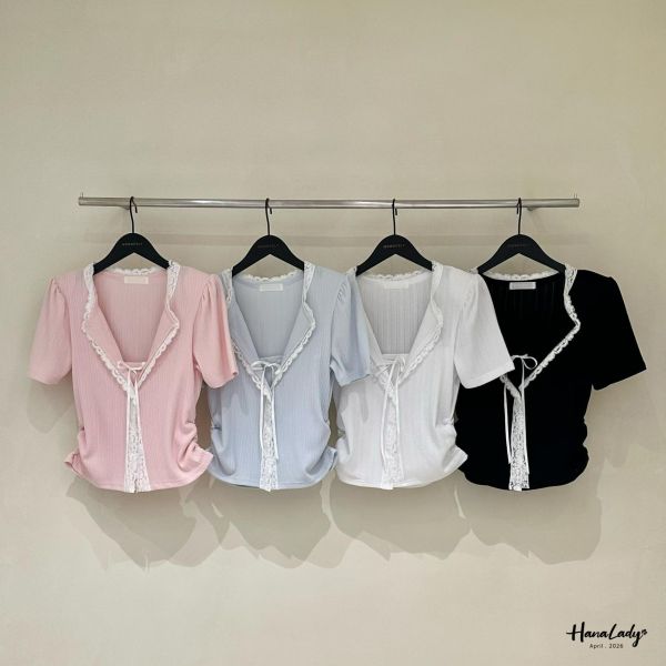 LFA39 有點美綁結翻領蕾絲上衣 