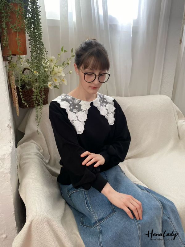 WJA29 浪漫蕾絲玫瑰刺繡領上衣 