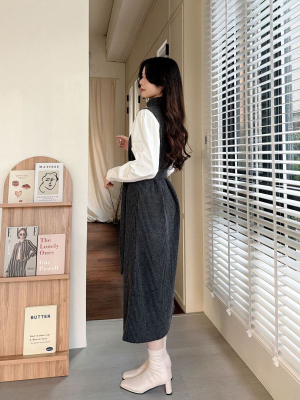 WQB11 高領針織襯衫袖連身裙 