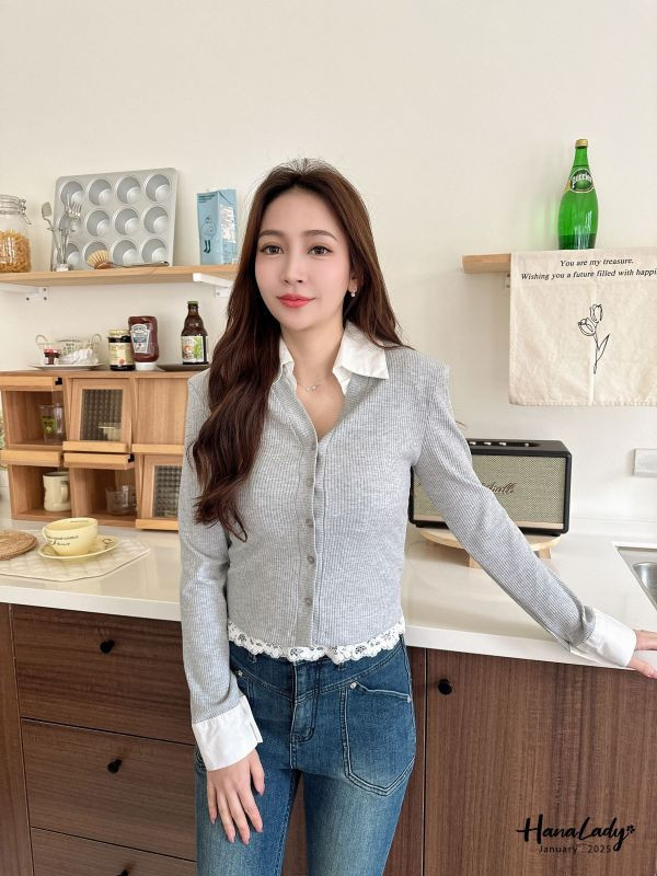 WEA49 襯衫領拼接坑條針織衫 