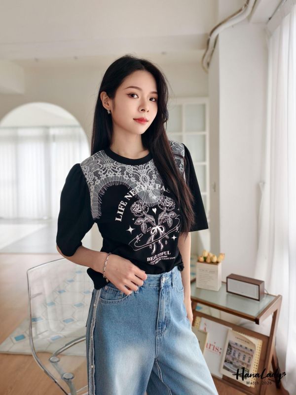 LSA12 玫瑰拼接蕾絲上衣 