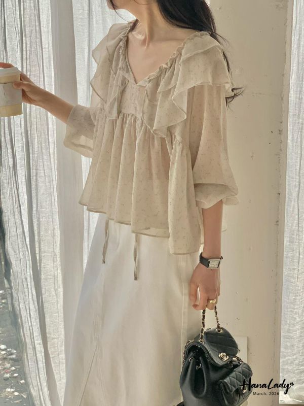 LSA11 浪漫綁帶荷葉碎花上衣 