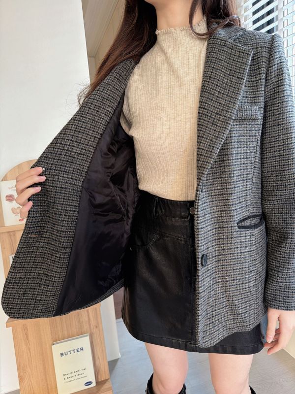 WQA79 燈心絨反摺袖格紋羊毛西外 