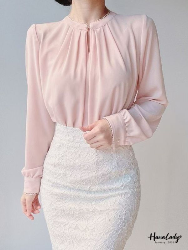 LEA26 珍珠領線圈滾邊雪紡上衣 