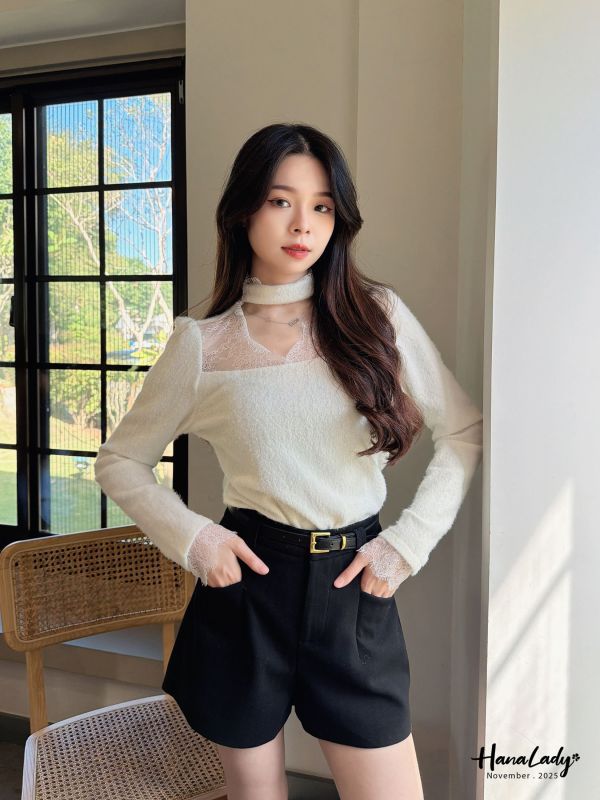 WJB45 小性感透領蕾絲針織上衣 