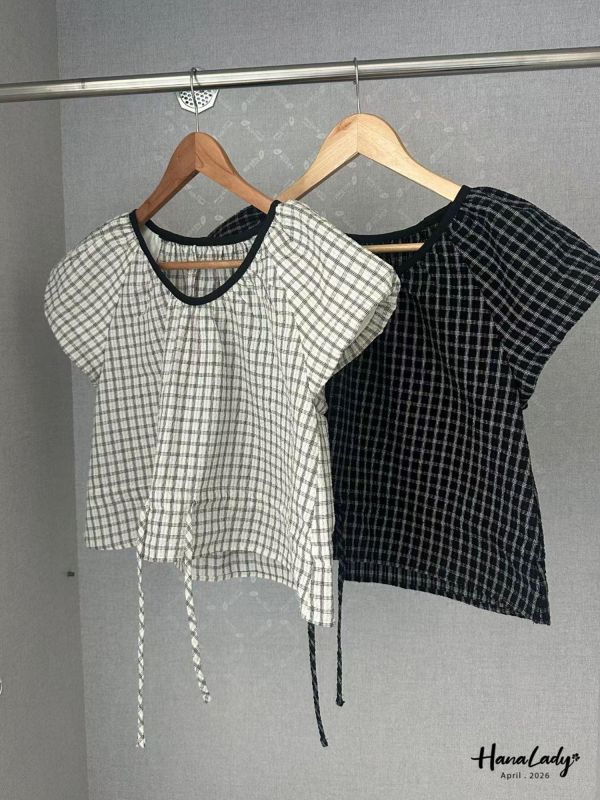 LFB09 格紋下綁結短版上衣 