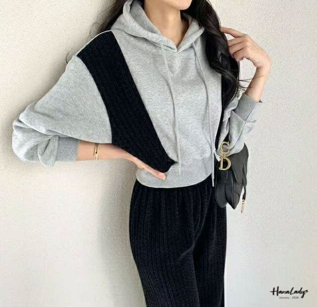 LEA98 絨布拼接內刷毛連帽套裝 