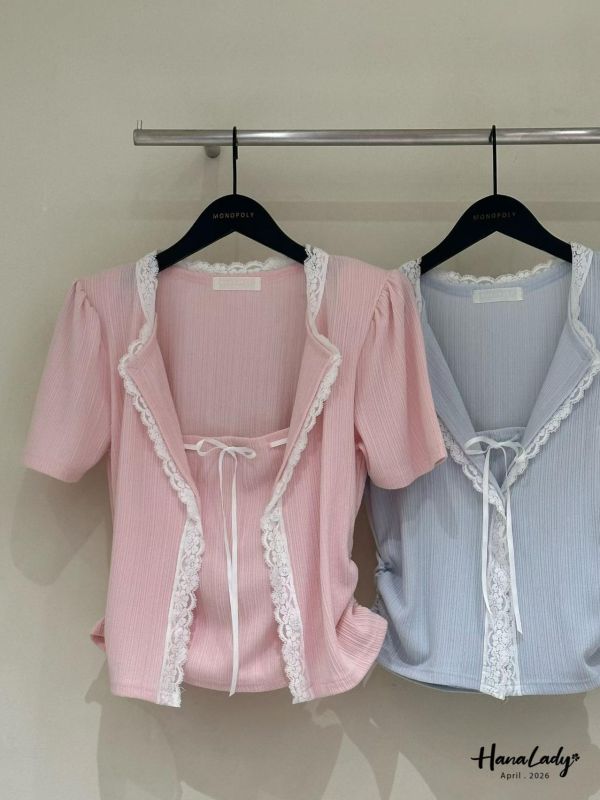 LFA39 有點美綁結翻領蕾絲上衣 