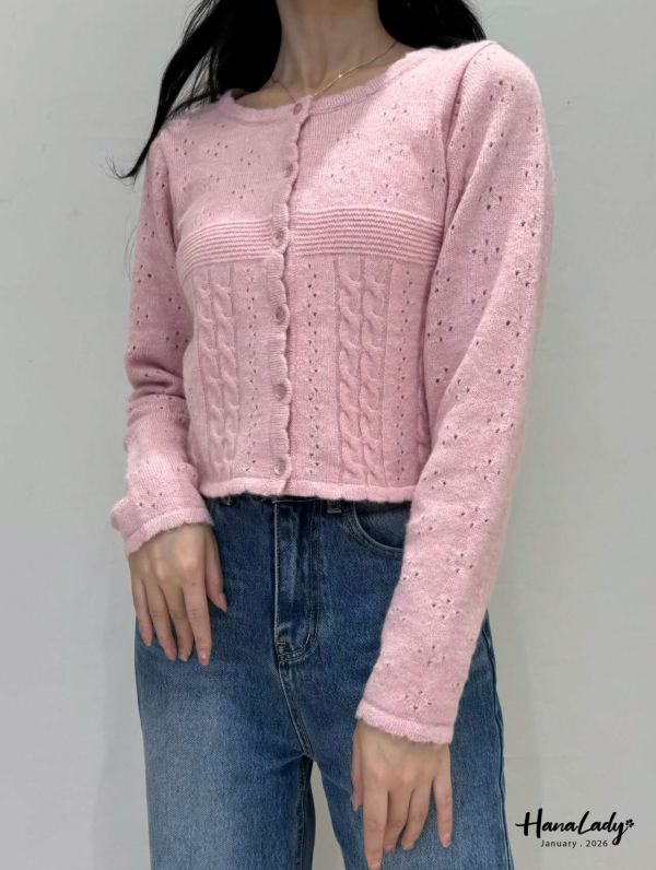 LEA60 簍空小花果凍釦針織上衣 