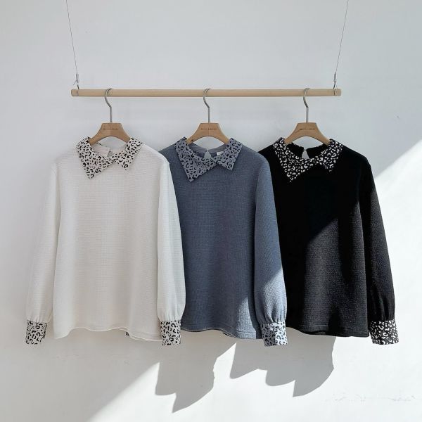 WQA54 豹紋雪紡拼接針織上衣 