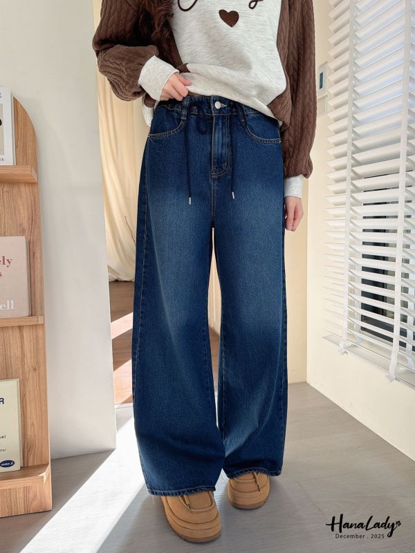 WQA37 人見人愛綁繩腰丹寧寬褲 