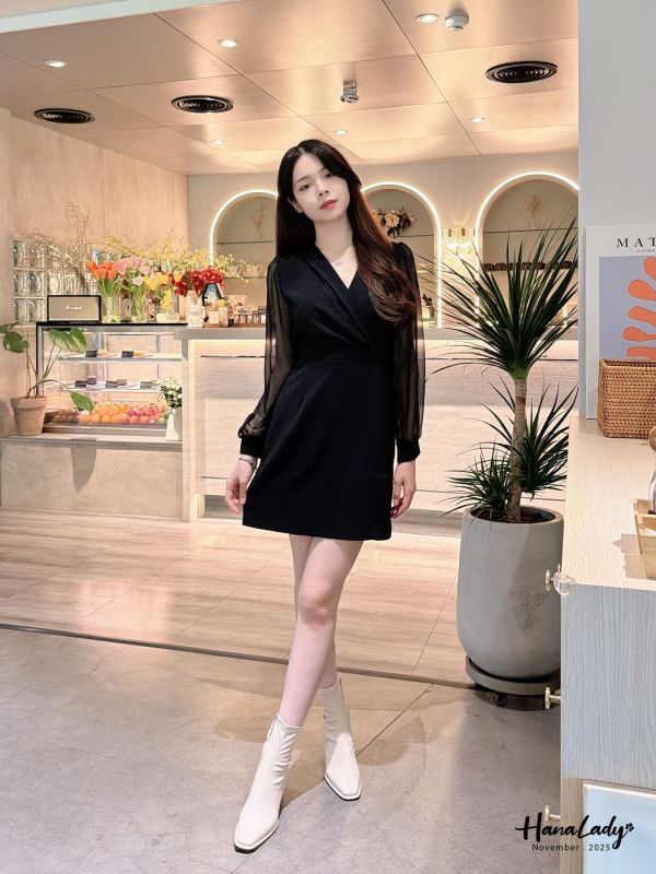 WJA59 層次交叉領透袖雪紡短洋 