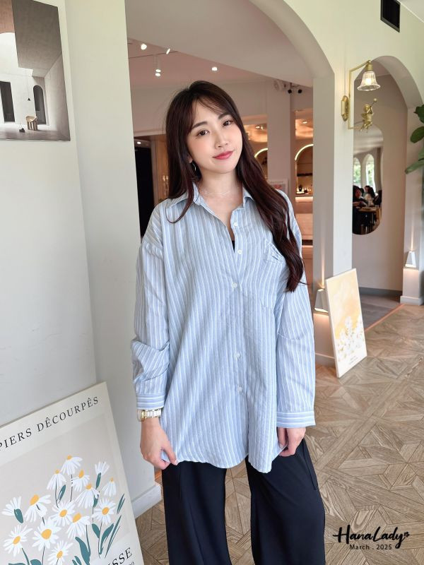 WSA84 口袋蝴蝶結直條紋襯衫 