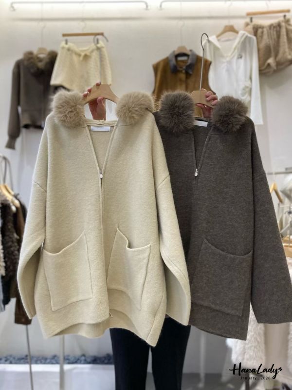 LEA37 毛毛可拆長版針織拉鍊外 