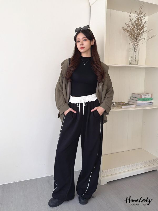 WTA74 線條拼色休閒長褲 