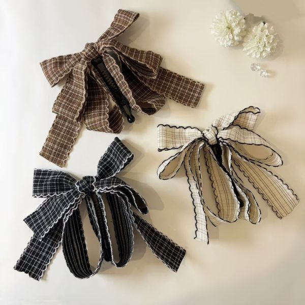 WQB43 格紋垂墜蝴蝶結香蕉夾 