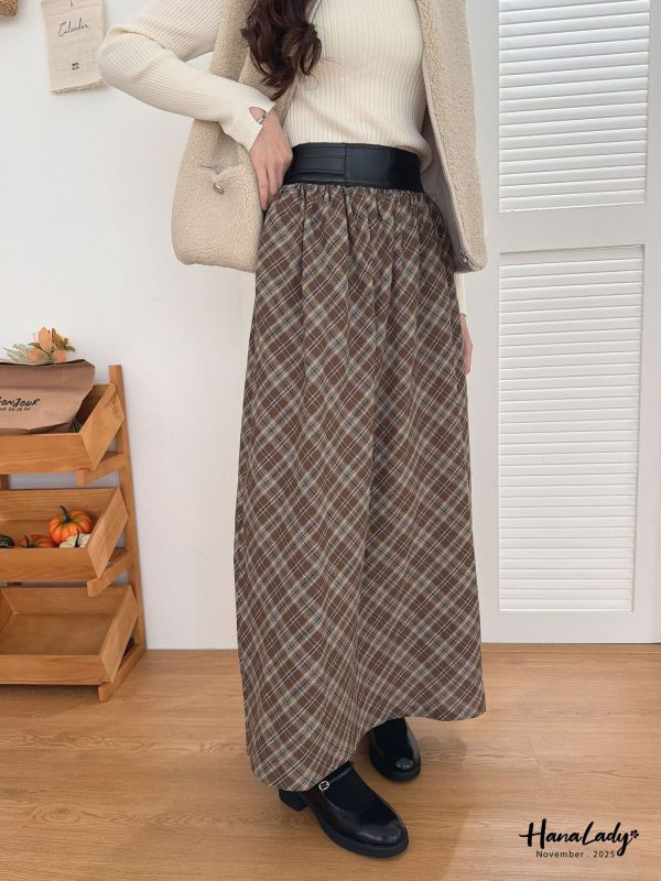 WJA36 造型皮邊格紋長裙 
