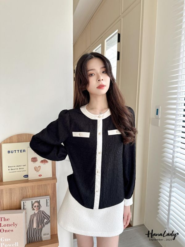 WKA19 餅乾布珍珠釦小香風上衣 