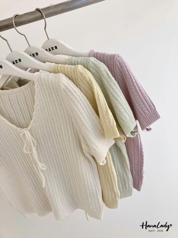 LFA69 小麻花綁結領針織上衣 