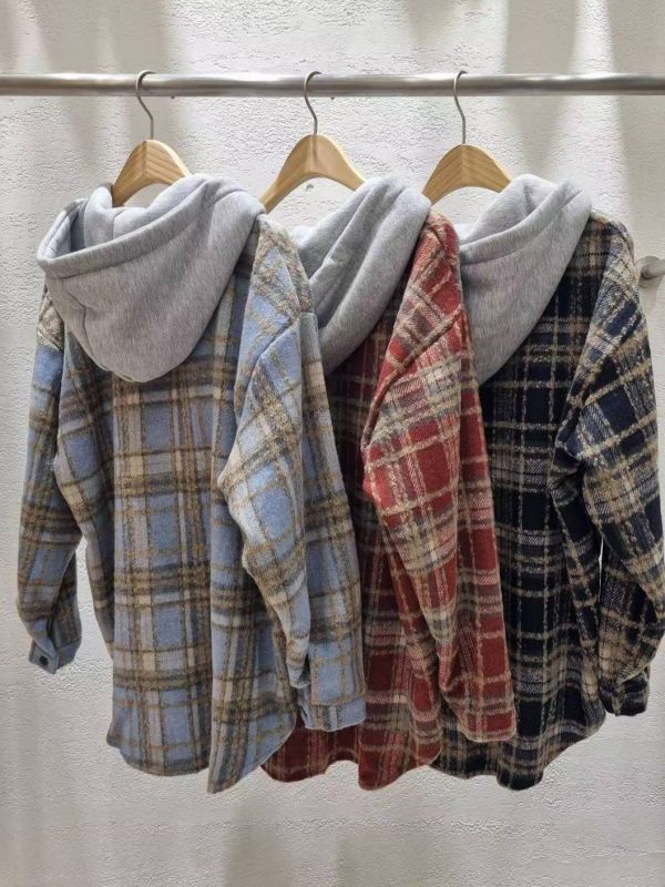 WQA94 配色格紋連帽長版外 