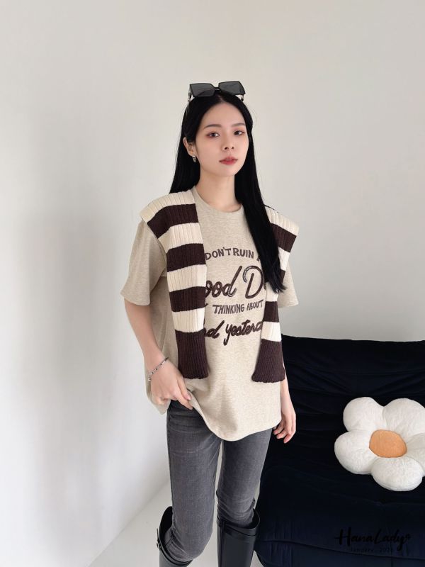 LEA52 條紋披肩刺繡串珠長版T 