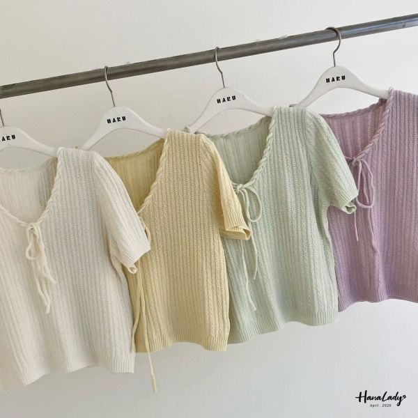 LFA69 小麻花綁結領針織上衣 