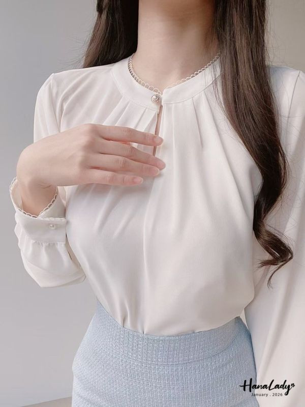 LEA26 珍珠領線圈滾邊雪紡上衣 
