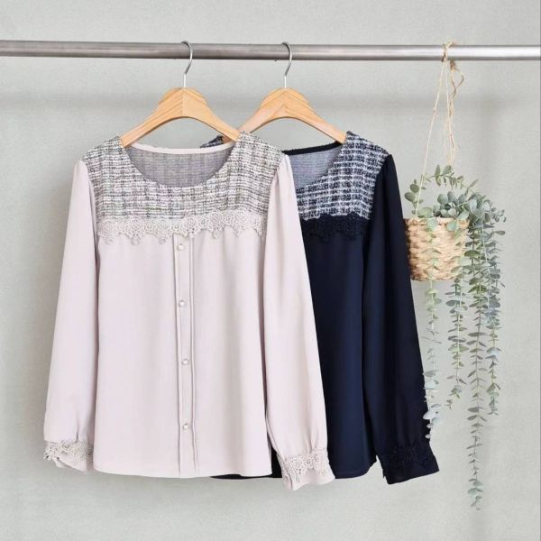 WQA08 毛呢蕾絲方領珍珠雪紡上衣 