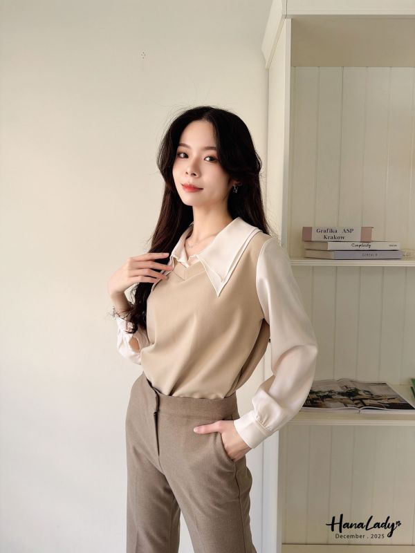 WQA46 假兩件層刺領配色上衣 