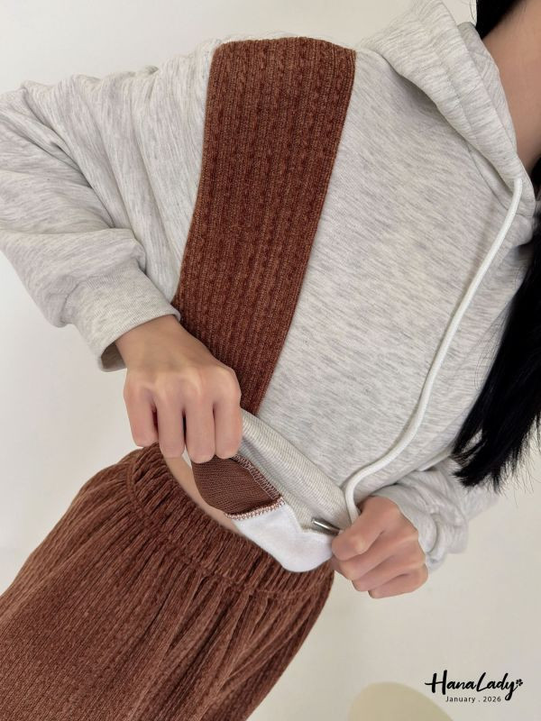 LEA98 絨布拼接內刷毛連帽套裝 