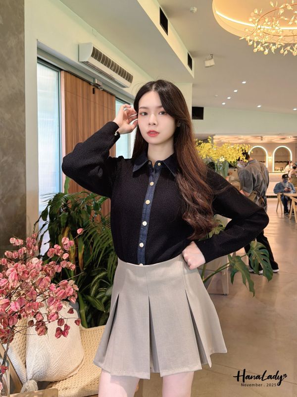 WJB17 俐落針織拼接丹寧上衣 