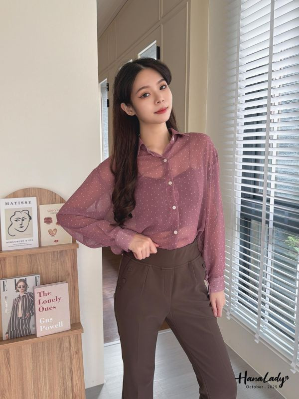 WTA75 後綁帶點點紗雪紡衫 