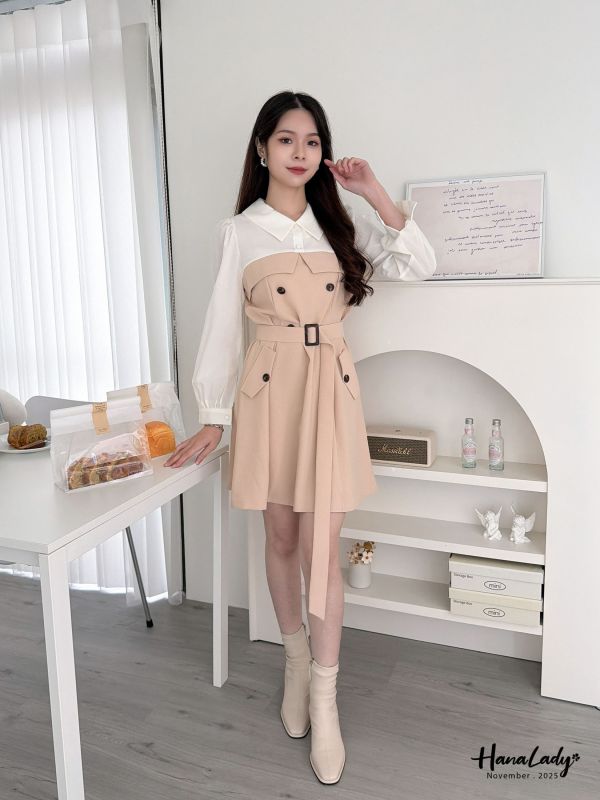 WJA46 知性拼色收腰雪紡短洋 