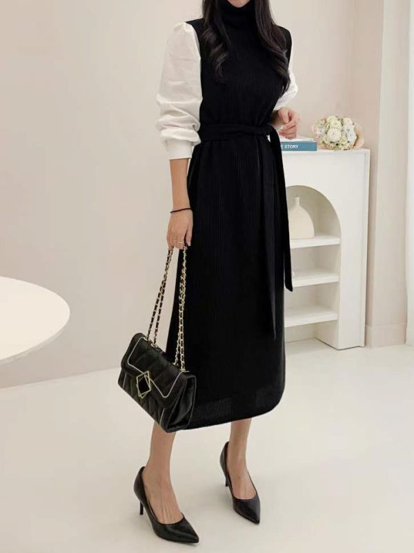 WQB11 高領針織襯衫袖連身裙 