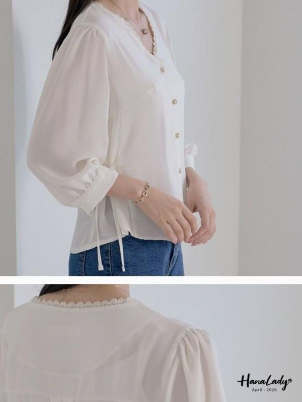 LFA67 蕾絲V領珍珠釦雪紡上衣 