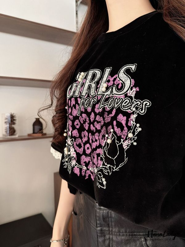 WQA31 GIRLS珍珠蕾絲豹紋絨布T 