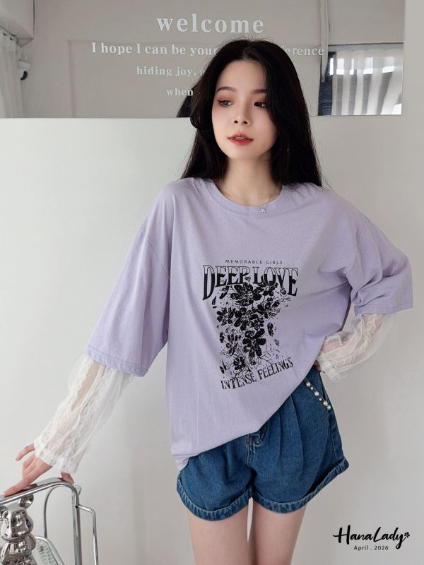 LFA95 假兩件蕾絲袖設計長版T 