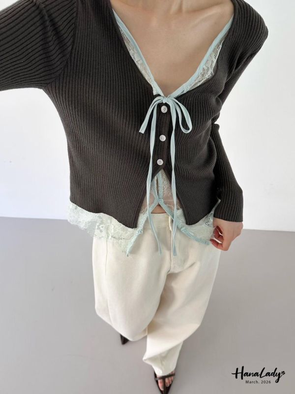 LSA01 親膚針織綁結蕾絲上衣 