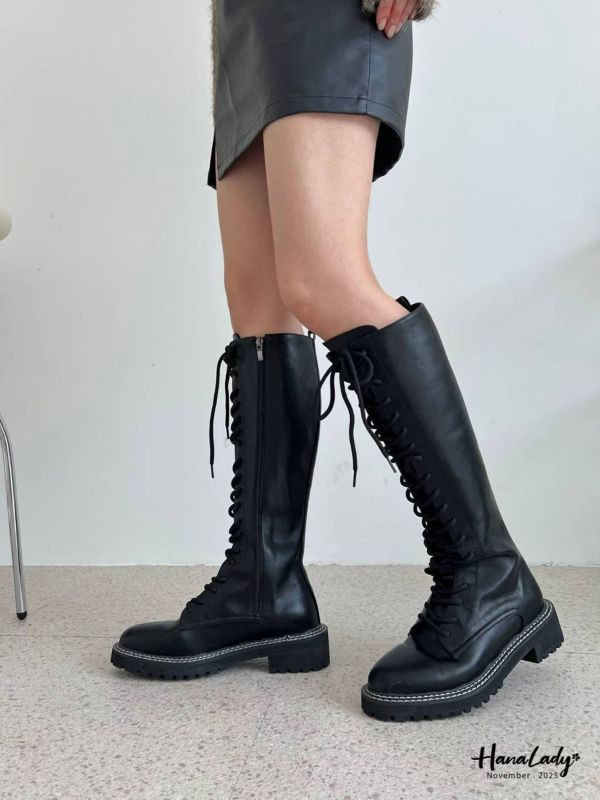 WJB46 帥氣車線綁帶牛皮長靴 